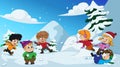 In the winter, kids play in the snow very joyfully.vector and il