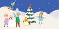 Winter kids playing with snow outdoors in park vector illustration. Winter kids and Christmas holidays activities Royalty Free Stock Photo