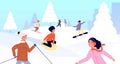 Winter kids vacations. Children sled, happy snow christmas holidays activity. Girl boy skiing snowboarding with friends Royalty Free Stock Photo