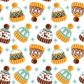 Winter knitted hats. Cute Christmas print. Seamless pattern