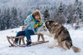 Winter knitted kids clothes. Boy with dog sledding in a snowy forest. Outdoor winter fun for Christmas vacation. Royalty Free Stock Photo