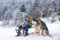 Winter knitted kids clothes. Boy sledding in a snowy forest with dog husky. Outdoor winter fun for Christmas vacation. Royalty Free Stock Photo