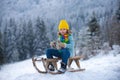 Winter knitted kids clothes. Boy sledding in a snowy forest. Outdoor winter fun for Christmas vacation on winter