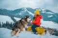 Winter knitted kids clothes. Boy sledding in a snowy forest with siberian husky dog. Outdoor winter fun for Christmas