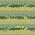 Winter Knitted woolen seamless pattern with sturgeons. Yellow sand and green water