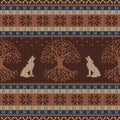 Winter knitted woolen seamless pattern with Tree of life and howling wolves