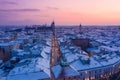 Winter in Krakow Poland old Town aerial view. Florianska walking street leads to Rynek Glowny