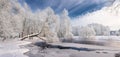 Winter Lace: Realistic Panoramic Christmas Landscape In White Tones With Icy River, Surrounded By Whitetail Trees And Deep Blue Sk Royalty Free Stock Photo