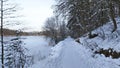 In winter, the lake is covered with ice. Along the shore there is a path with footprints in the snow. On the opposite snow-covered