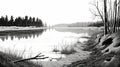 Winter Lake: A Detailed Black And White Pencil Drawing