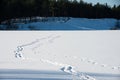 Winter on the lake with ice and lots of snow. Human footprints