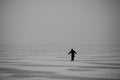 Winter on the lake. Ice skating. Frozen lake. Silhouette of a man ice skating on a frozen lake.