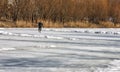On a winter lake, people skate on skates. Winter sunny landscape