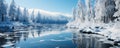 the winter lake reflects the snow-covered trees standing around. calm winter scene.