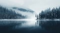 Winter Lake and Snowy Coniferous Forest Landscape AI Generated