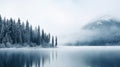 Winter Lake and Snowy Coniferous Forest Landscape AI Generated