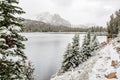 Winter lake trail with snow and trees Royalty Free Stock Photo