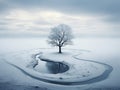 winter lamdscape with snow and a bare tree, banner format, tranquil scenary Royalty Free Stock Photo