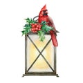 Winter Lamp Christmas Arrangement. Watercolor Illustration. Hand Drawn Festive Floral Arrangement On Vintage Lantern