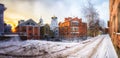 Winter landcape with beautiful houses and sun. Pskov. Russia. Ps