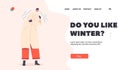 Winter Landing Page Template. Elderly Freezing Female Character in Warm Clothes Shivering due to Low Minus Temperature Royalty Free Stock Photo