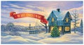 Greeting card in this form winter landscape with a festive ribbon