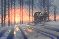 Winter landscape of an abandoned house in the forest Royalty Free Stock Photo