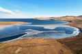 Frozen Lake Khankhoy on the island of Olkhon and unfrozen Lake Baikal Royalty Free Stock Photo