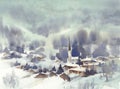 Winter landscape in Alps muontains watercolor background.