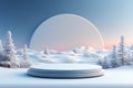 Winter Landscape Background with Empty Small 3D Snow Podium for Christmas Product Display