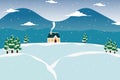 Winter landscape background. snowy day with fir trees, coniferous forest, house, snowfall, Forest landscape for winter holidays