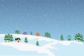 Winter landscape background. snowy day with fir trees, coniferous forest, house, snowfall, Forest landscape for winter holidays