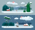 Winter landscape backgrounds set in flat style