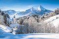 Winter landscape in the Bavarian Alps with church, Bavaria, Germany Royalty Free Stock Photo