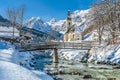 Winter landscape in the Bavarian Alps with church, Ramsau, Germany