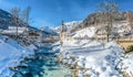 Winter landscape in the Bavarian Alps with church, Ramsau, Germany Royalty Free Stock Photo