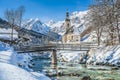 Winter landscape in the Bavarian Alps with church, Ramsau, Germany Royalty Free Stock Photo