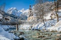 Winter landscape in the Bavarian Alps with church, Ramsau, Germany