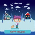 Winter landscape with Beautiful cartoon chibi girl