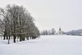 Winter landscape with a beautiful chapel near castle Veveri. Czech Republic city of Brno. The Chapel of the Mother of God.