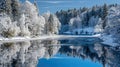 Winter landscape with beautiful reflection in water Royalty Free Stock Photo