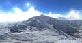 Winter landscape. Beautiful snowy mountain area with clouds and rising sun. 3d illustration