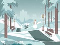 Winter landscape with benches, lanterns, a road and a snowman.