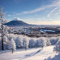 This is a winter landscape at Biei town in Hokkaido prefecture, Japan. Biei town is well known as a tourist