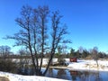 Winter landscape with big tree, still river with reflection, small cabin, snow field and trees on the background