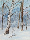 Winter landscape birch trees in the snow on a canvas. Original oil painting.