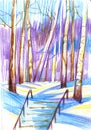 Winter landscape with birches and stairs. Color pancil, hand drawn.