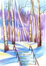 Winter landscape with birches and stairs. Color pancil, hand drawn.