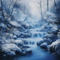 Winter landscape, blue color, Bokeh, the waterfall, fog over the lake, insanely detailed Royalty Free Stock Photo