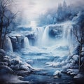 Winter landscape, blue color, Bokeh, the waterfall, fog over the lake, insanely detailed Royalty Free Stock Photo